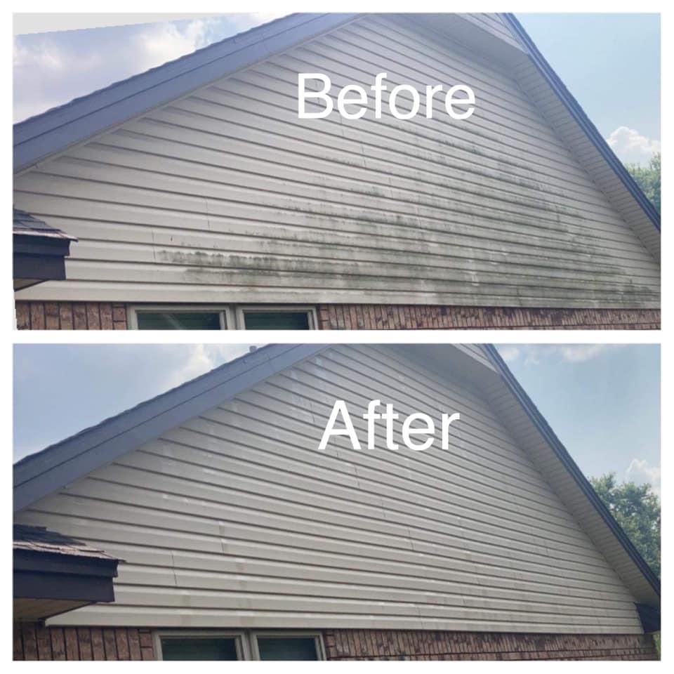 Home siding before and after power washing by Combat Clean